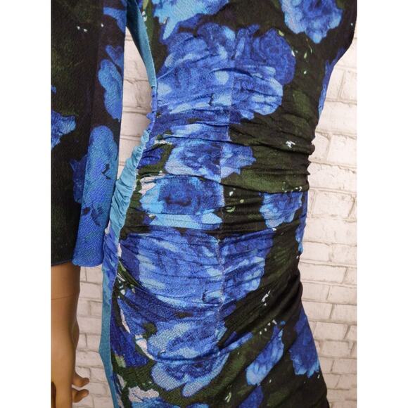 $348 Tracy Reese Blue Foral Cutout Back Flutter Sleeve Ruched Dress 2 NWT - Picture 7 of 16